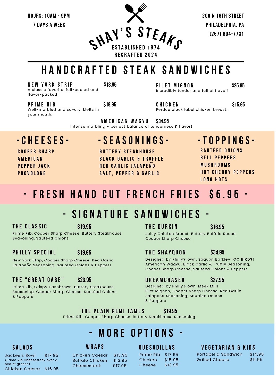 Shay's Steaks Menu